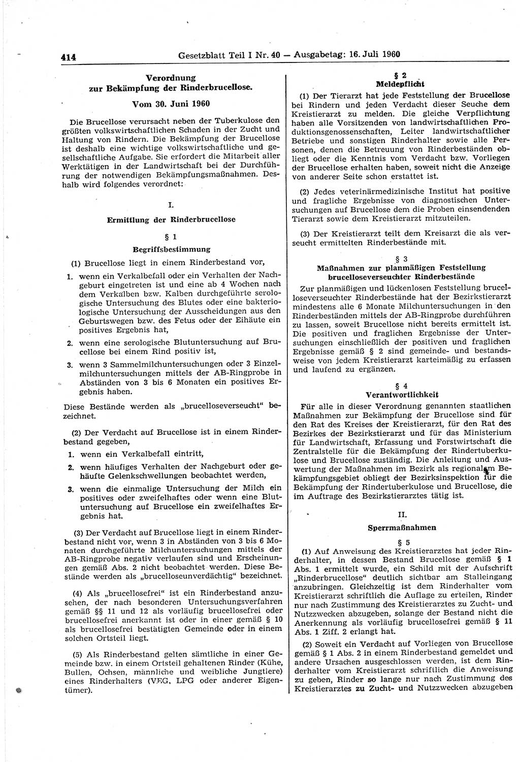 Gesetzblatt (GBl.) der Deutschen Demokratischen Republik (DDR) Teil Ⅰ 1960, Seite 414 (GBl. DDR Ⅰ 1960, S. 414)
