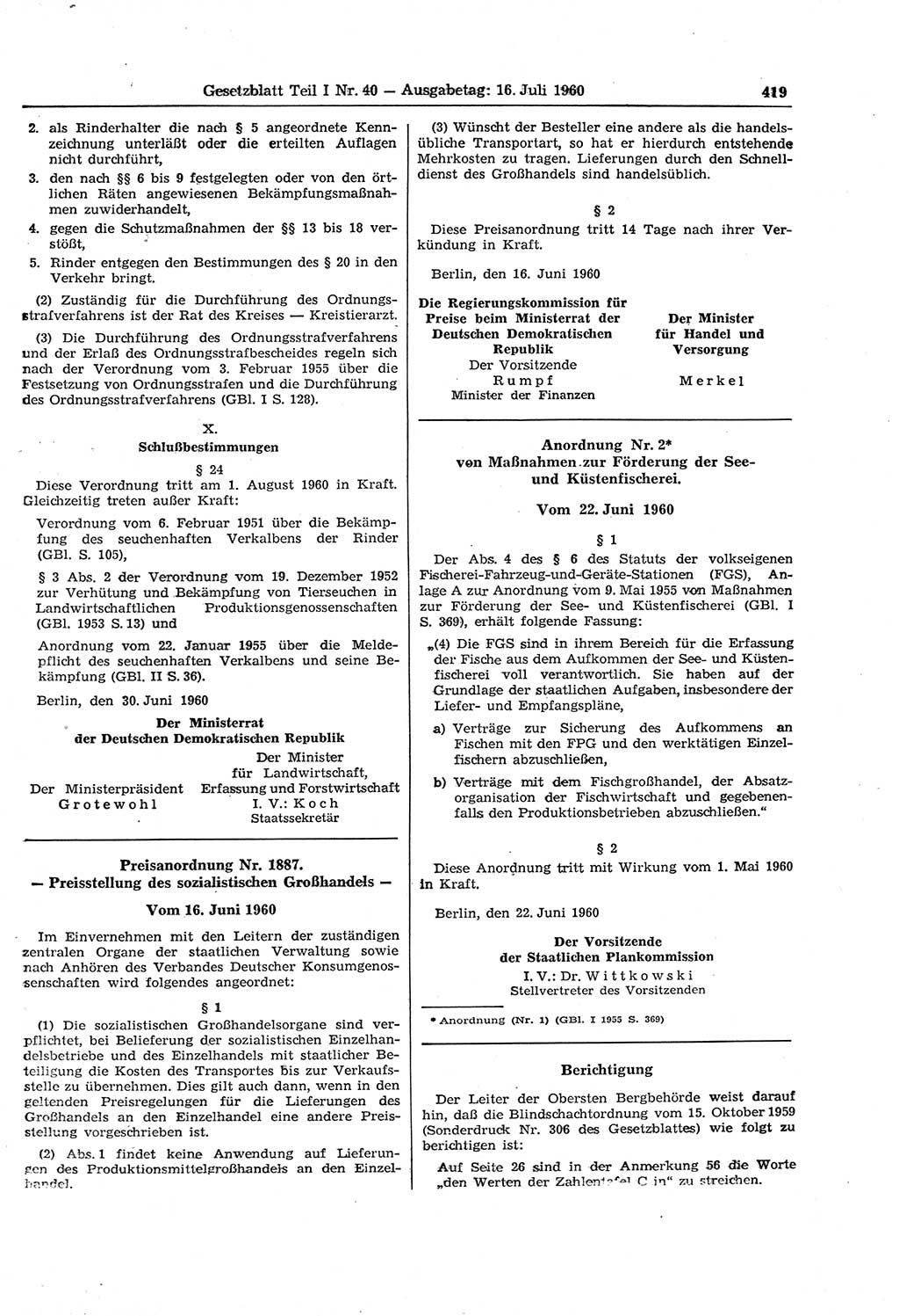 Gesetzblatt (GBl.) der Deutschen Demokratischen Republik (DDR) Teil Ⅰ 1960, Seite 419 (GBl. DDR Ⅰ 1960, S. 419)