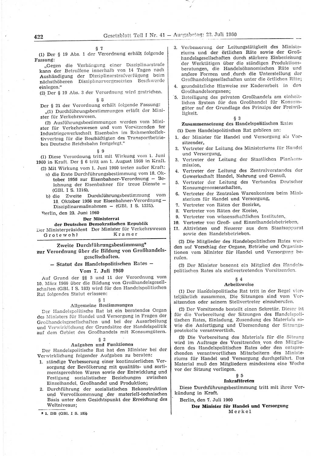 Gesetzblatt (GBl.) der Deutschen Demokratischen Republik (DDR) Teil Ⅰ 1960, Seite 422 (GBl. DDR Ⅰ 1960, S. 422)