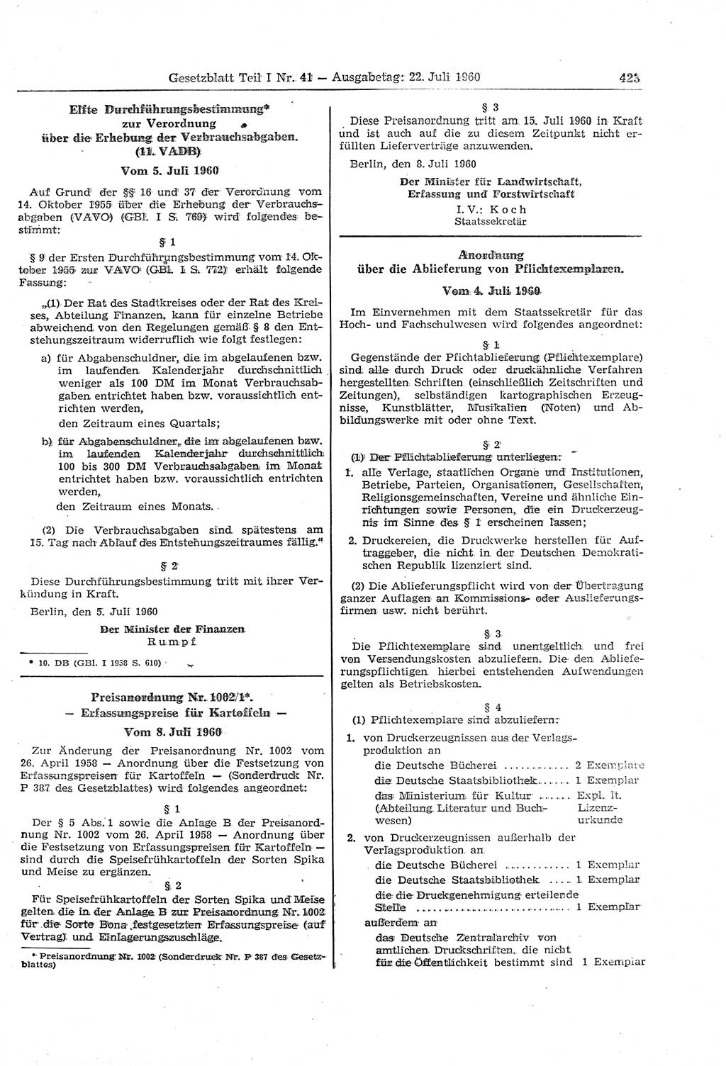 Gesetzblatt (GBl.) der Deutschen Demokratischen Republik (DDR) Teil Ⅰ 1960, Seite 423 (GBl. DDR Ⅰ 1960, S. 423)