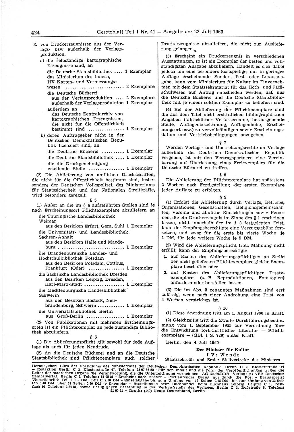 Gesetzblatt (GBl.) der Deutschen Demokratischen Republik (DDR) Teil Ⅰ 1960, Seite 424 (GBl. DDR Ⅰ 1960, S. 424)