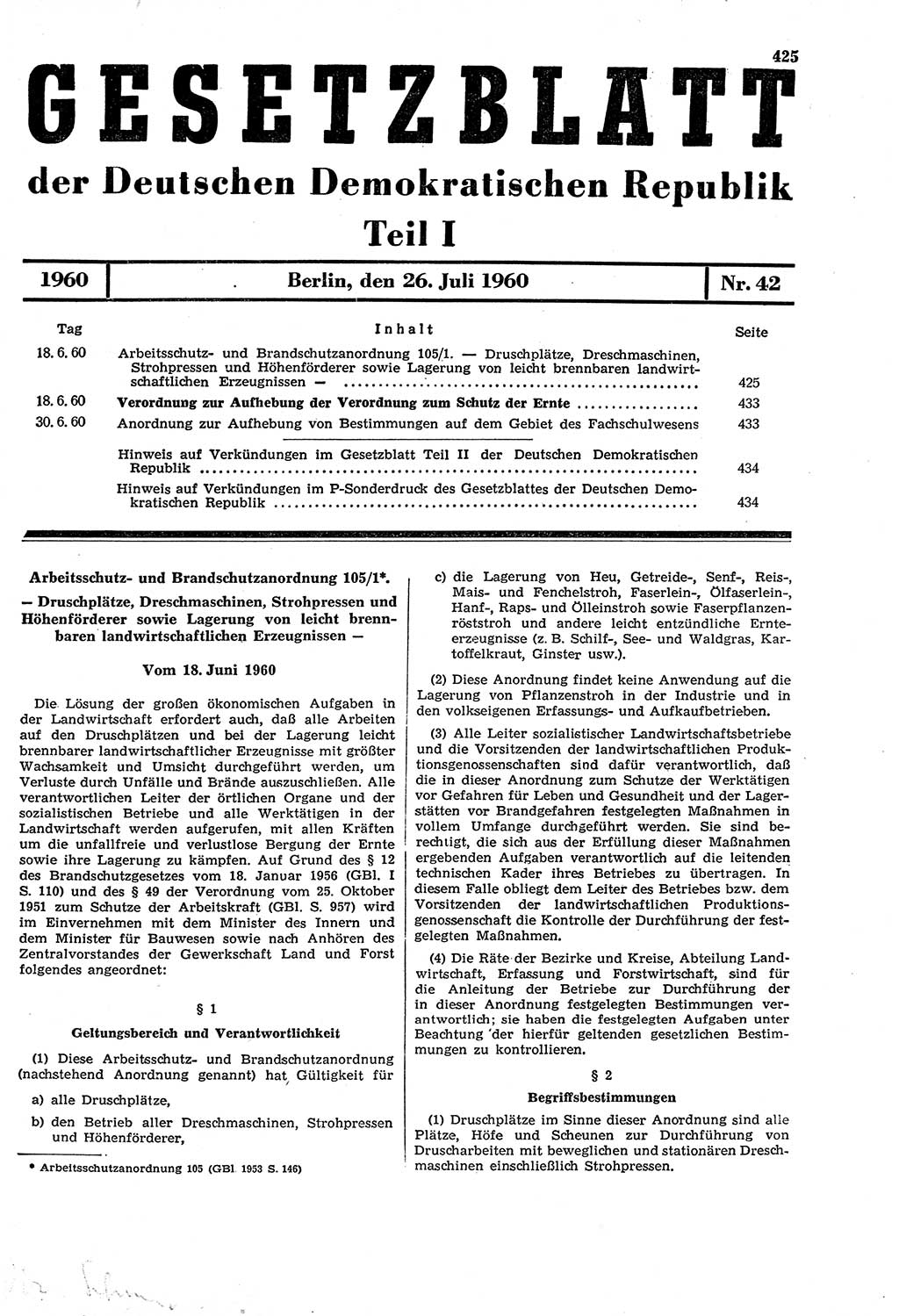 Gesetzblatt (GBl.) der Deutschen Demokratischen Republik (DDR) Teil Ⅰ 1960, Seite 425 (GBl. DDR Ⅰ 1960, S. 425)