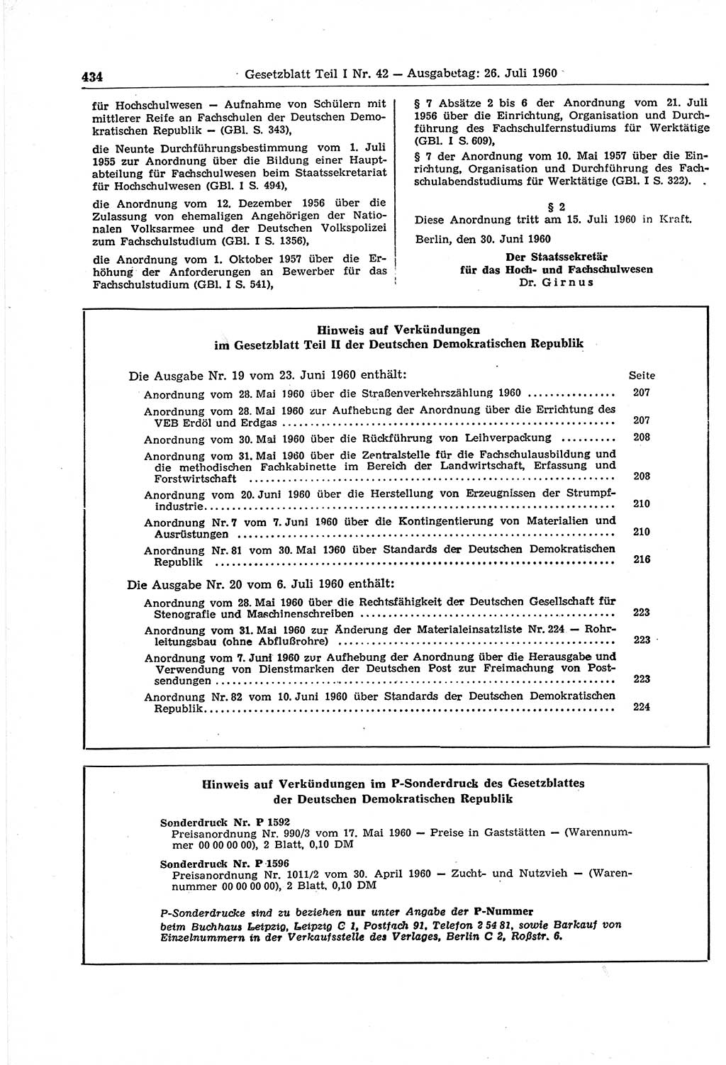 Gesetzblatt (GBl.) der Deutschen Demokratischen Republik (DDR) Teil Ⅰ 1960, Seite 434 (GBl. DDR Ⅰ 1960, S. 434)