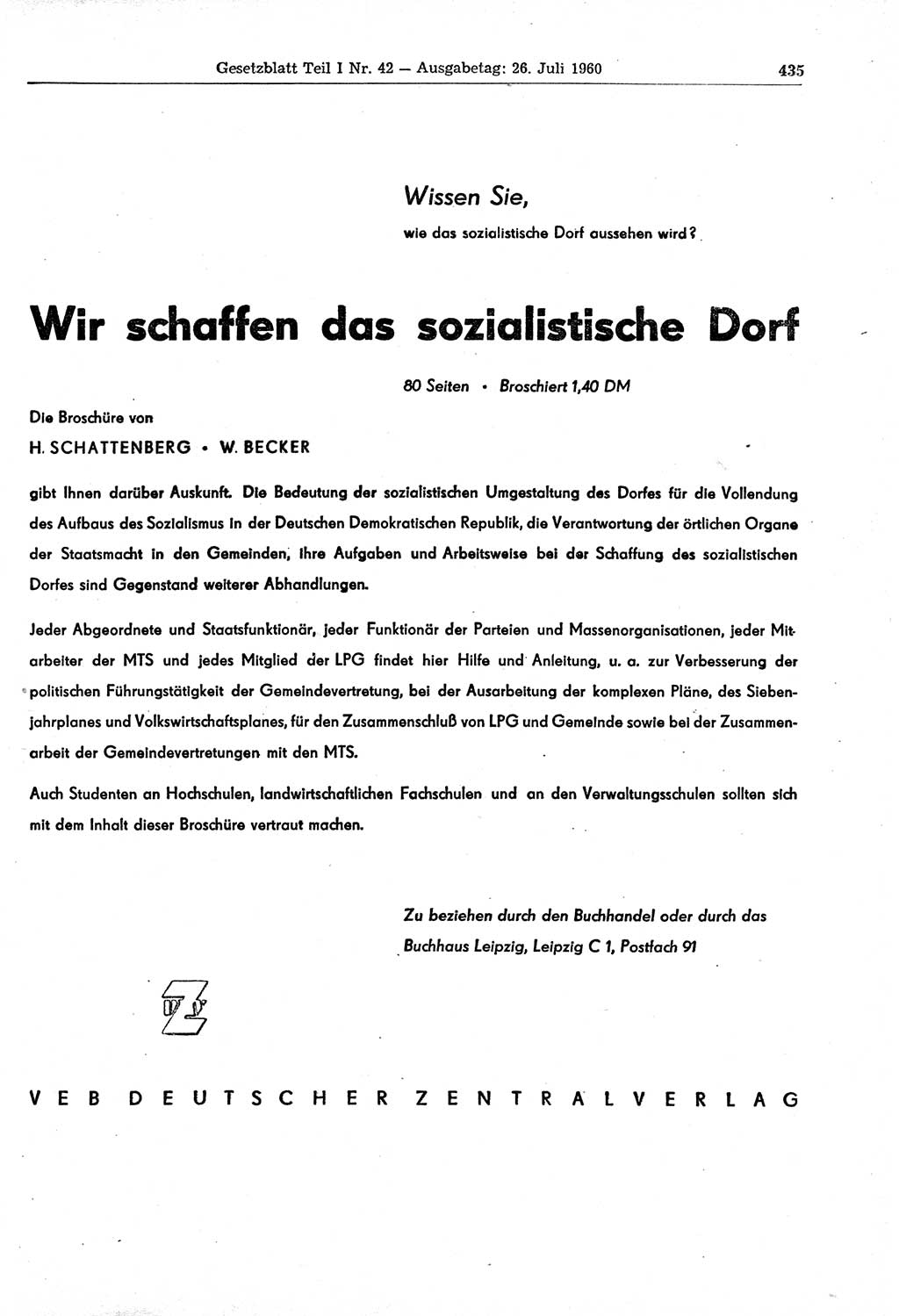 Gesetzblatt (GBl.) der Deutschen Demokratischen Republik (DDR) Teil Ⅰ 1960, Seite 435 (GBl. DDR Ⅰ 1960, S. 435)
