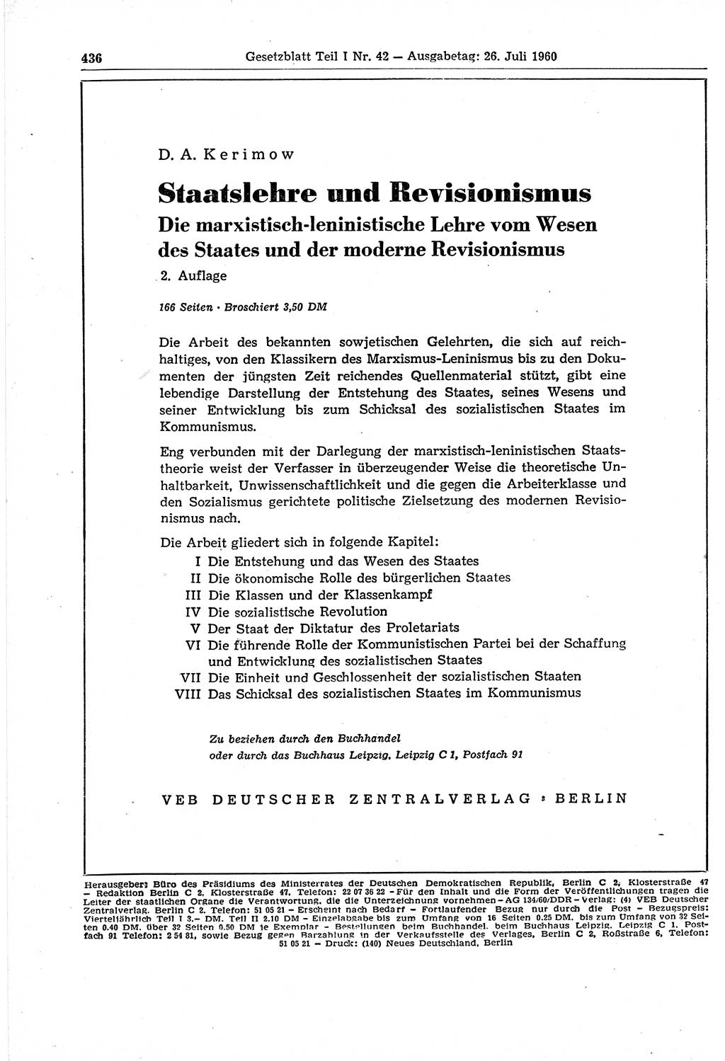 Gesetzblatt (GBl.) der Deutschen Demokratischen Republik (DDR) Teil Ⅰ 1960, Seite 436 (GBl. DDR Ⅰ 1960, S. 436)