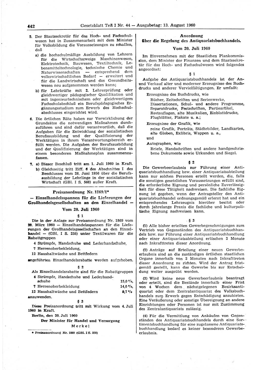 Gesetzblatt (GBl.) der Deutschen Demokratischen Republik (DDR) Teil Ⅰ 1960, Seite 442 (GBl. DDR Ⅰ 1960, S. 442)