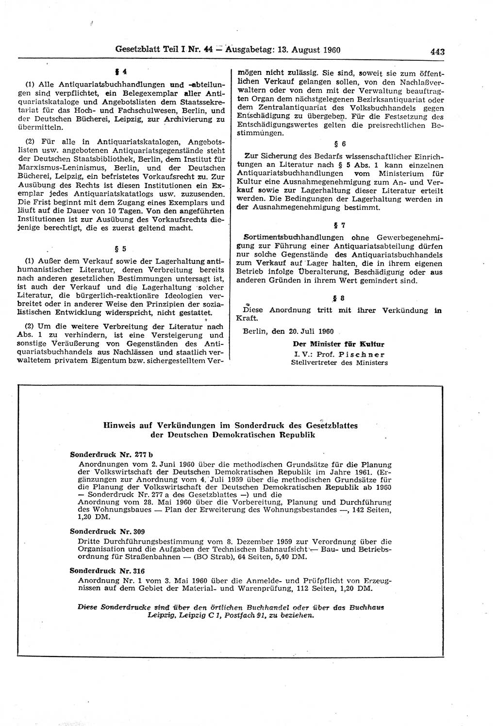 Gesetzblatt (GBl.) der Deutschen Demokratischen Republik (DDR) Teil Ⅰ 1960, Seite 443 (GBl. DDR Ⅰ 1960, S. 443)