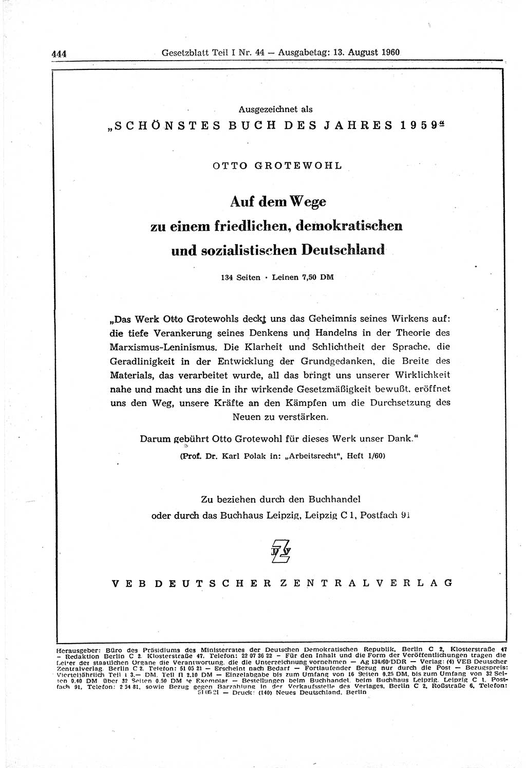 Gesetzblatt (GBl.) der Deutschen Demokratischen Republik (DDR) Teil Ⅰ 1960, Seite 444 (GBl. DDR Ⅰ 1960, S. 444)