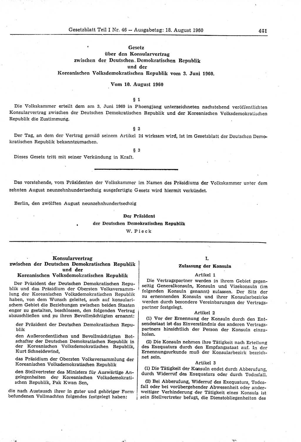 Gesetzblatt (GBl.) der Deutschen Demokratischen Republik (DDR) Teil â… 1960, Seite 461 (GBl. DDR â… 1960, S. 461)