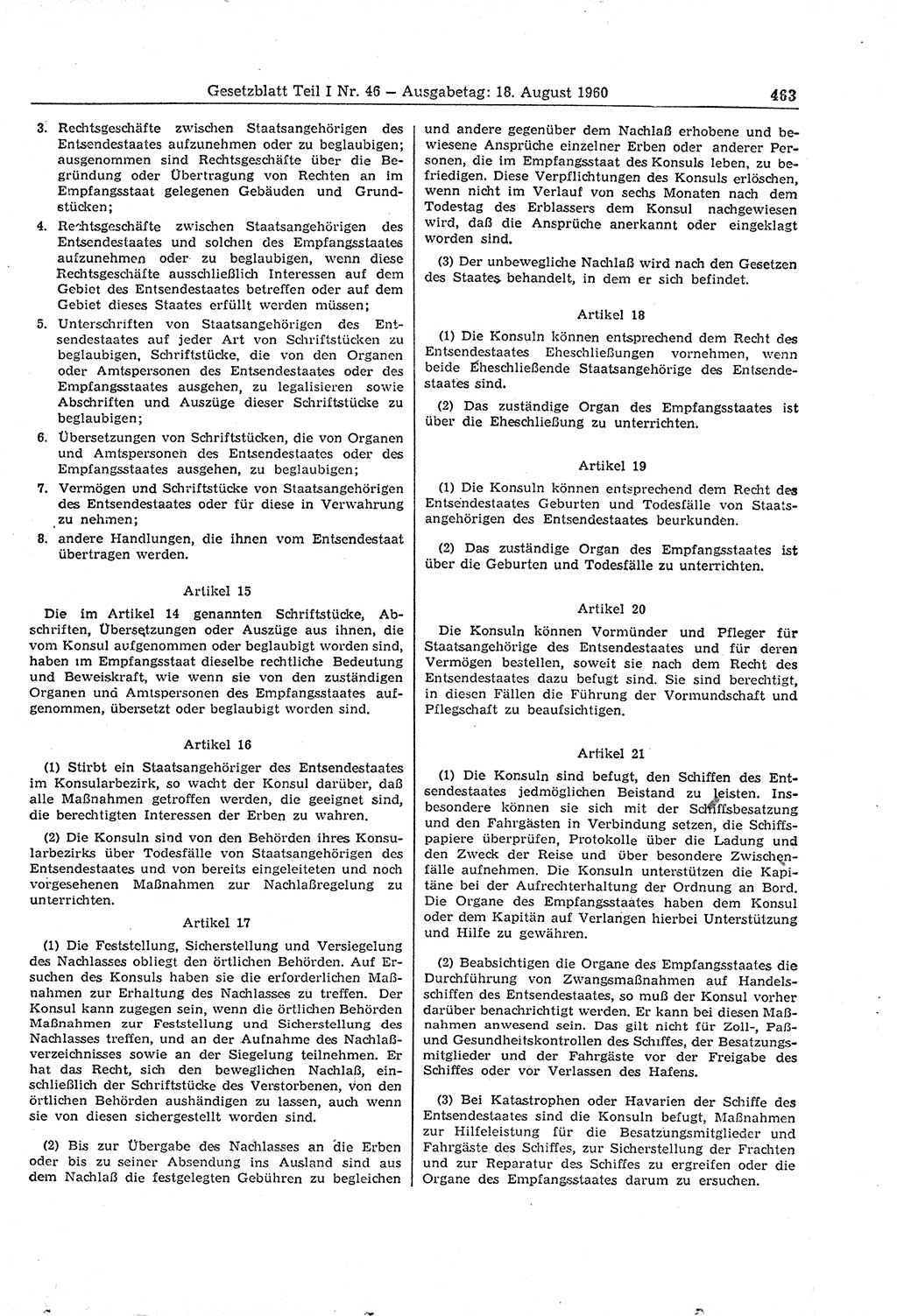 Gesetzblatt (GBl.) der Deutschen Demokratischen Republik (DDR) Teil Ⅰ 1960, Seite 463 (GBl. DDR Ⅰ 1960, S. 463)