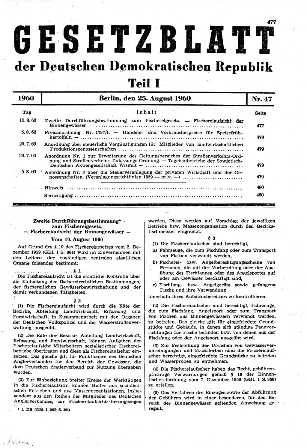Gesetzblatt (GBl.) der Deutschen Demokratischen Republik (DDR) Teil Ⅰ 1960, Seite 477 (GBl. DDR Ⅰ 1960, S. 477)