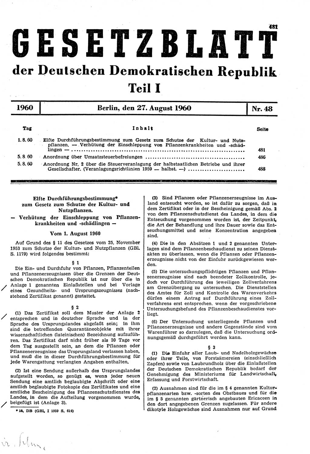 Gesetzblatt (GBl.) der Deutschen Demokratischen Republik (DDR) Teil Ⅰ 1960, Seite 481 (GBl. DDR Ⅰ 1960, S. 481)