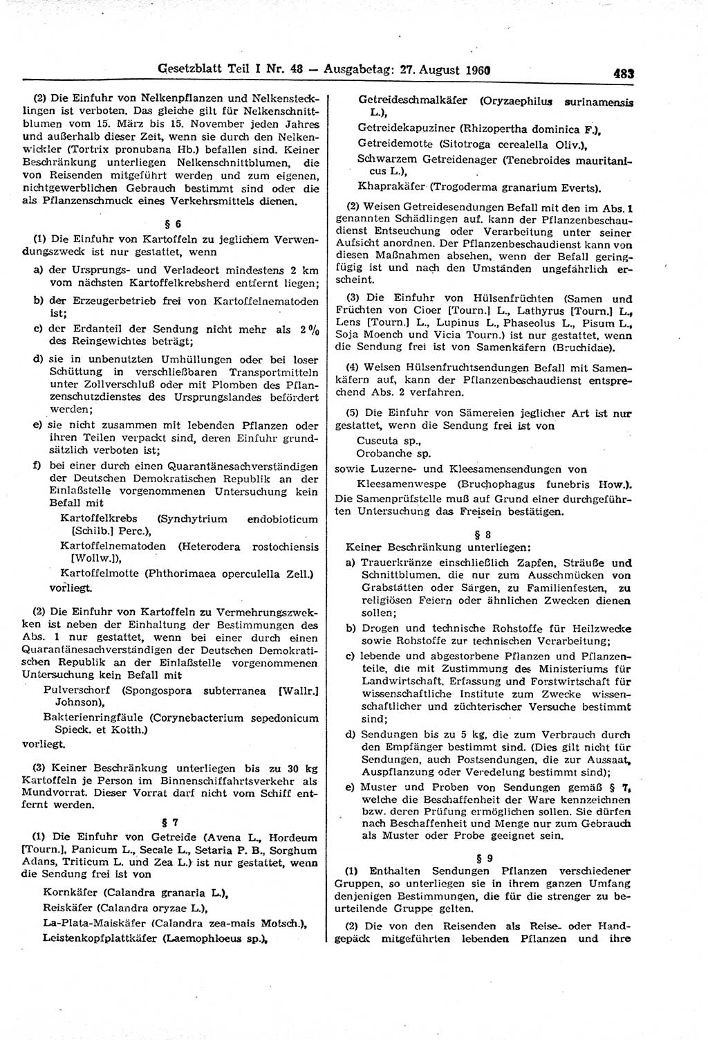 Gesetzblatt (GBl.) der Deutschen Demokratischen Republik (DDR) Teil Ⅰ 1960, Seite 483 (GBl. DDR Ⅰ 1960, S. 483)