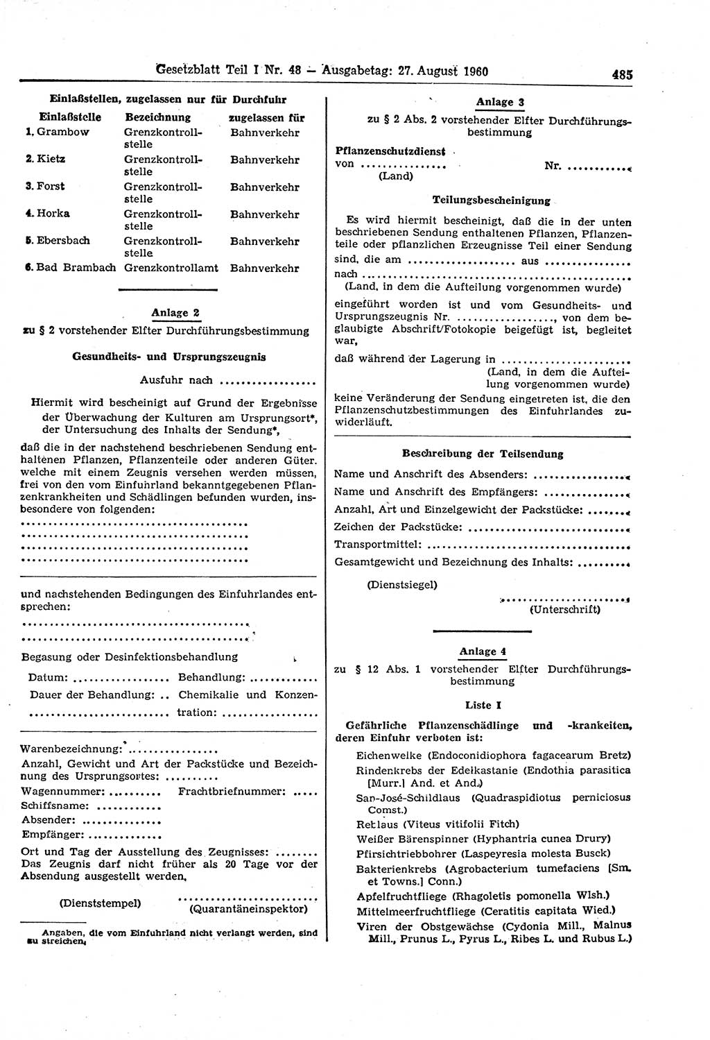 Gesetzblatt (GBl.) der Deutschen Demokratischen Republik (DDR) Teil Ⅰ 1960, Seite 485 (GBl. DDR Ⅰ 1960, S. 485)