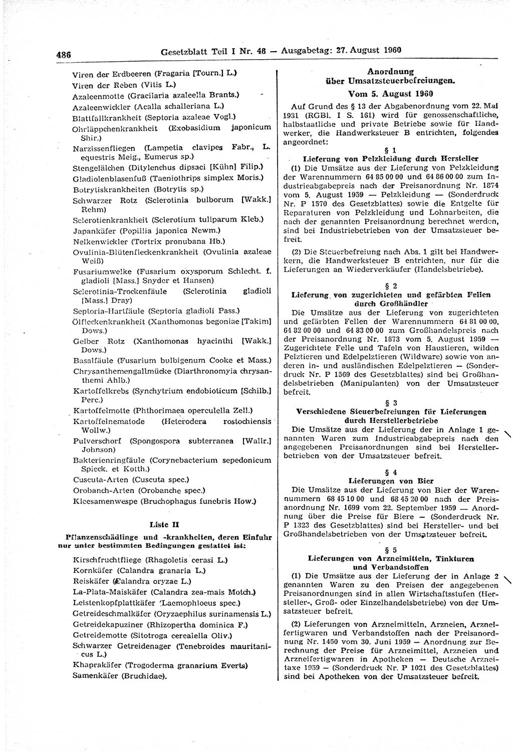 Gesetzblatt (GBl.) der Deutschen Demokratischen Republik (DDR) Teil Ⅰ 1960, Seite 486 (GBl. DDR Ⅰ 1960, S. 486)
