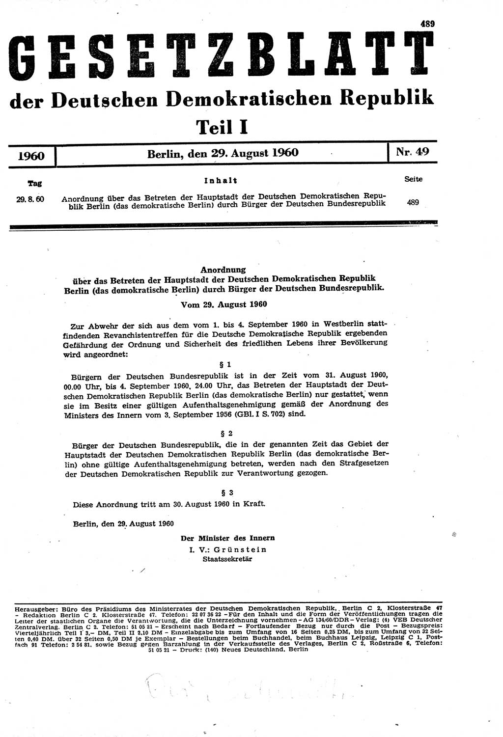 Gesetzblatt (GBl.) der Deutschen Demokratischen Republik (DDR) Teil Ⅰ 1960, Seite 489 (GBl. DDR Ⅰ 1960, S. 489)