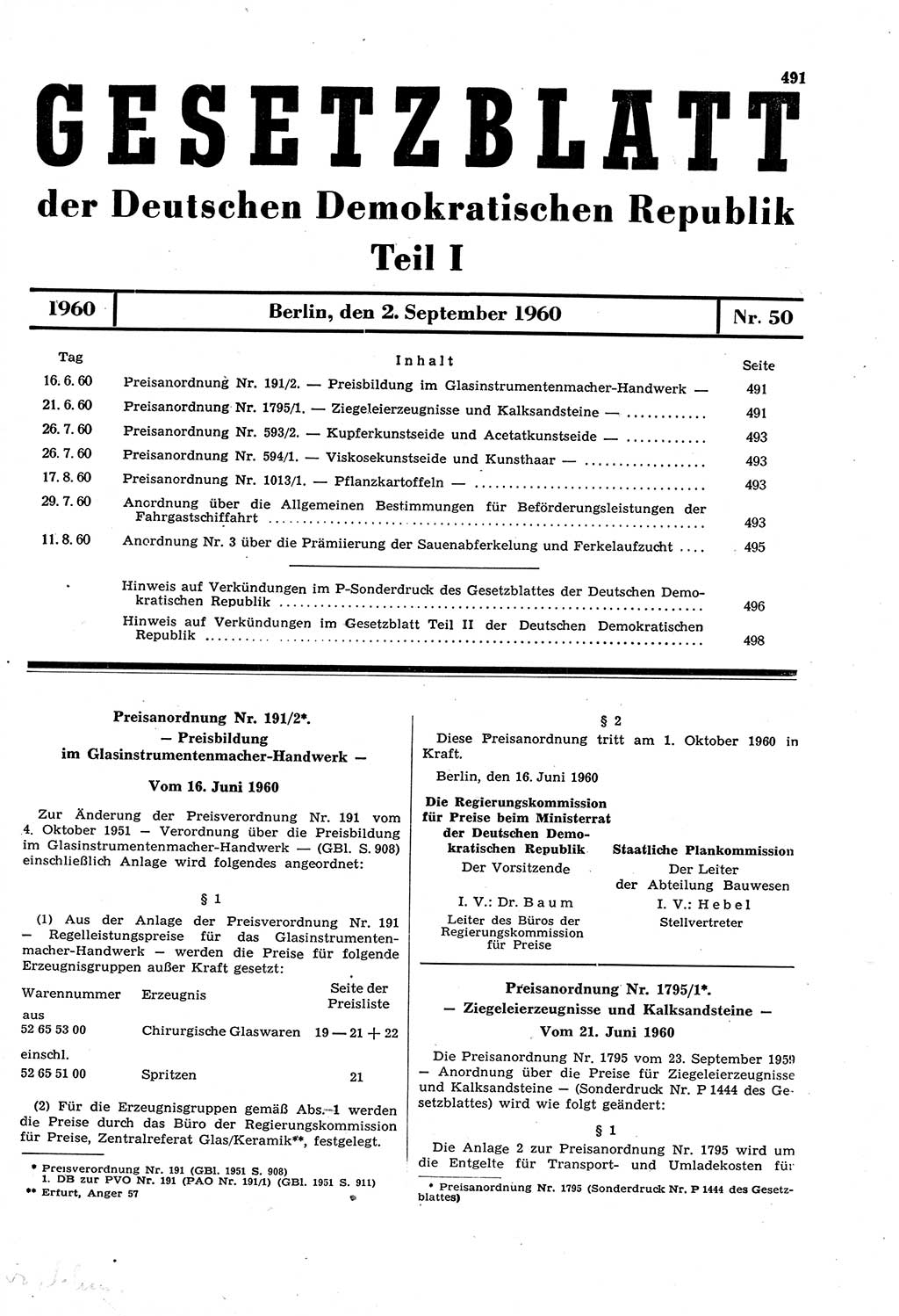 Gesetzblatt (GBl.) der Deutschen Demokratischen Republik (DDR) Teil Ⅰ 1960, Seite 491 (GBl. DDR Ⅰ 1960, S. 491)