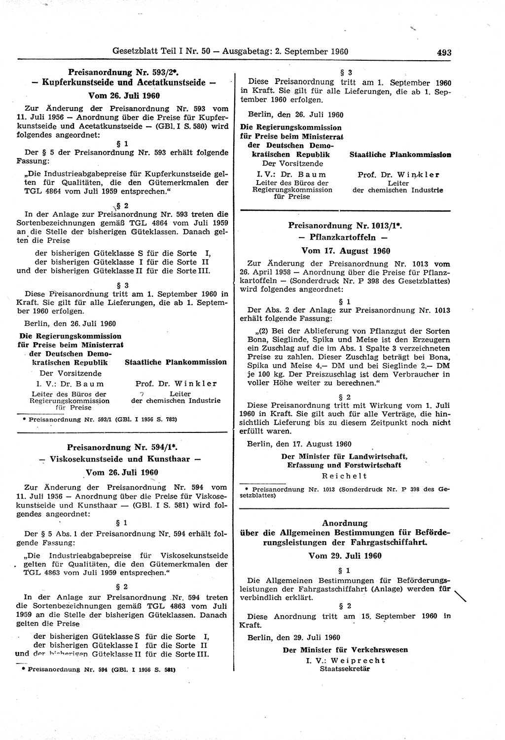 Gesetzblatt (GBl.) der Deutschen Demokratischen Republik (DDR) Teil Ⅰ 1960, Seite 493 (GBl. DDR Ⅰ 1960, S. 493)