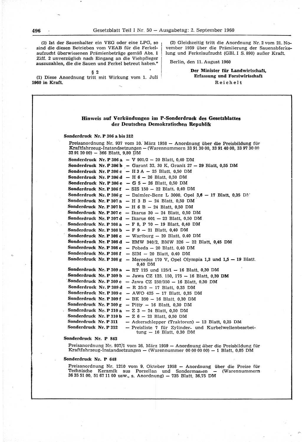 Gesetzblatt (GBl.) der Deutschen Demokratischen Republik (DDR) Teil Ⅰ 1960, Seite 496 (GBl. DDR Ⅰ 1960, S. 496)