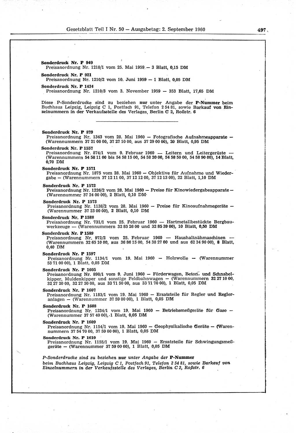 Gesetzblatt (GBl.) der Deutschen Demokratischen Republik (DDR) Teil Ⅰ 1960, Seite 497 (GBl. DDR Ⅰ 1960, S. 497)