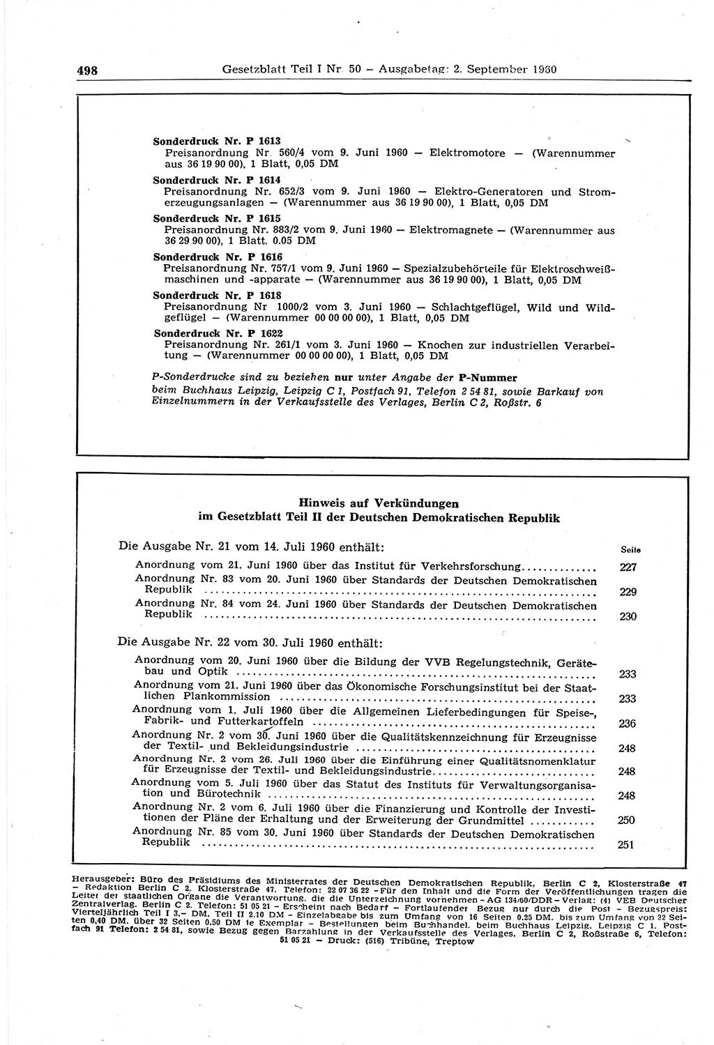 Gesetzblatt (GBl.) der Deutschen Demokratischen Republik (DDR) Teil Ⅰ 1960, Seite 498 (GBl. DDR Ⅰ 1960, S. 498)