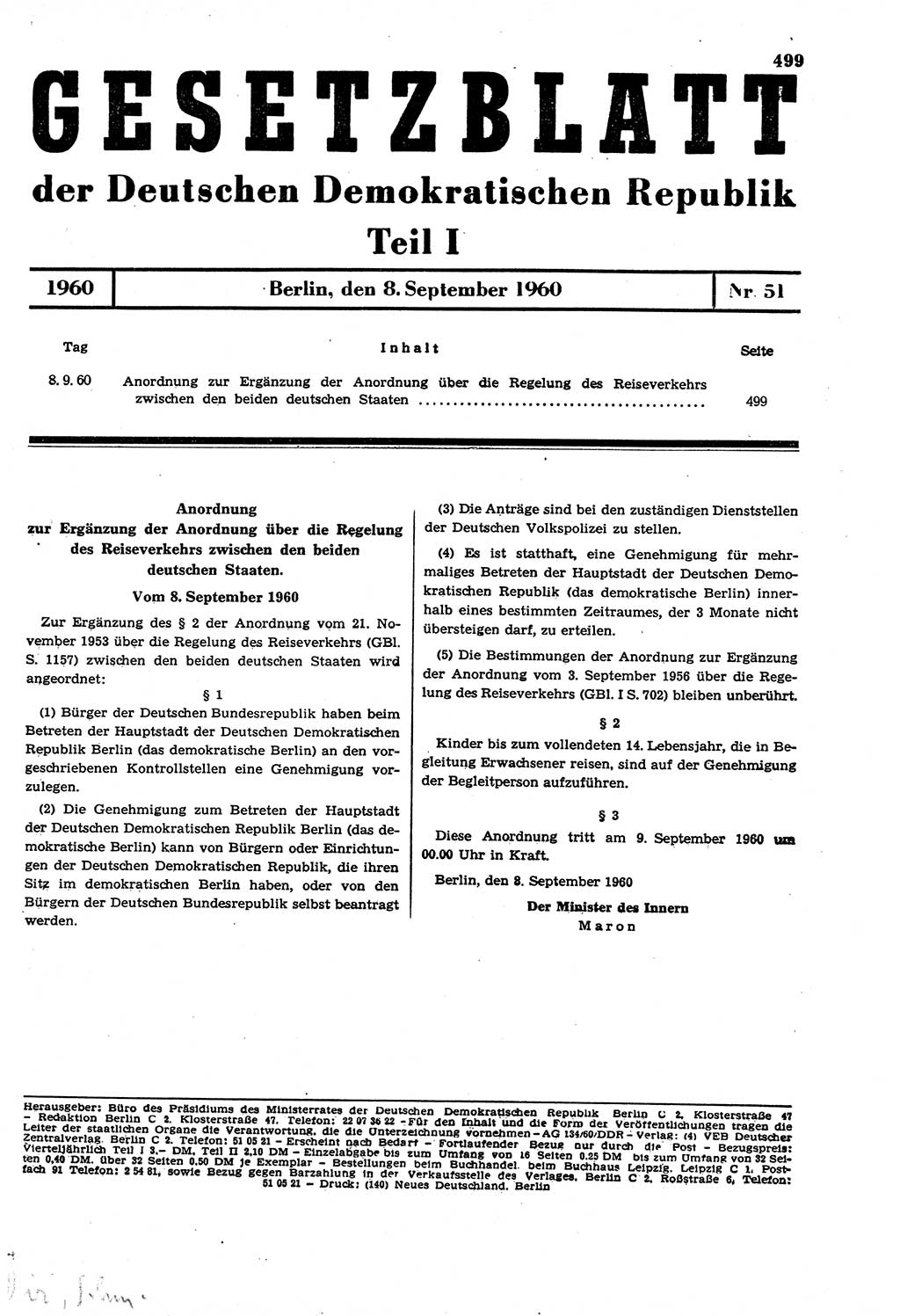 Gesetzblatt (GBl.) der Deutschen Demokratischen Republik (DDR) Teil Ⅰ 1960, Seite 499 (GBl. DDR Ⅰ 1960, S. 499)