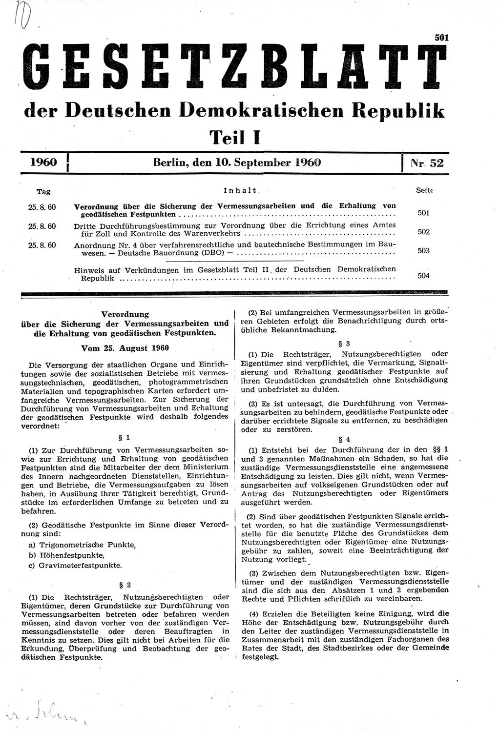 Gesetzblatt (GBl.) der Deutschen Demokratischen Republik (DDR) Teil Ⅰ 1960, Seite 501 (GBl. DDR Ⅰ 1960, S. 501)