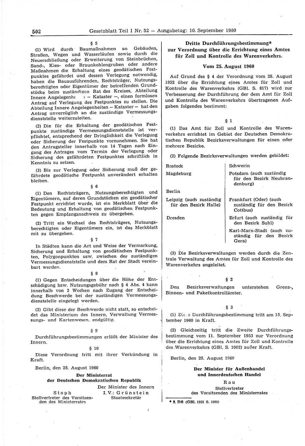 Gesetzblatt (GBl.) der Deutschen Demokratischen Republik (DDR) Teil Ⅰ 1960, Seite 502 (GBl. DDR Ⅰ 1960, S. 502)