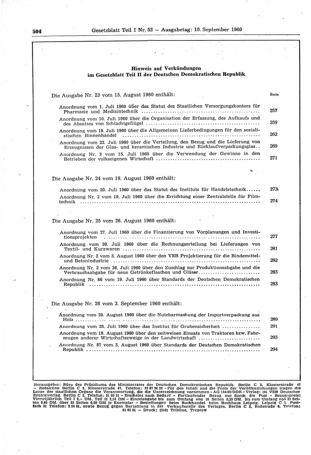 Gesetzblatt (GBl.) der Deutschen Demokratischen Republik (DDR) Teil Ⅰ 1960, Seite 504 (GBl. DDR Ⅰ 1960, S. 504)