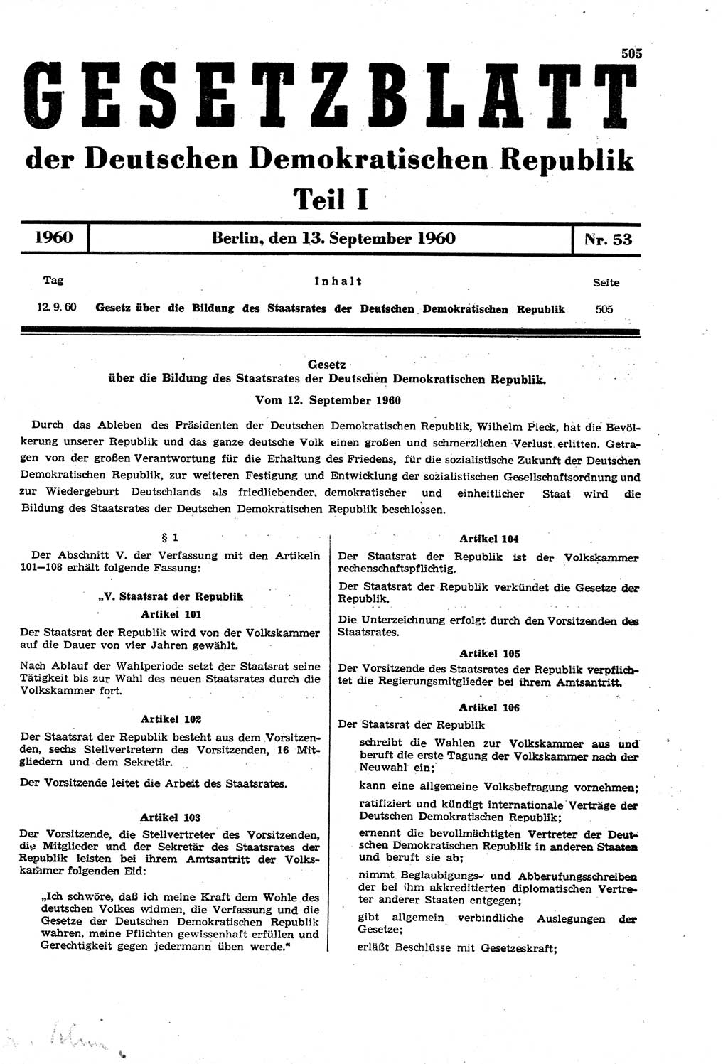 Gesetzblatt (GBl.) der Deutschen Demokratischen Republik (DDR) Teil Ⅰ 1960, Seite 505 (GBl. DDR Ⅰ 1960, S. 505)