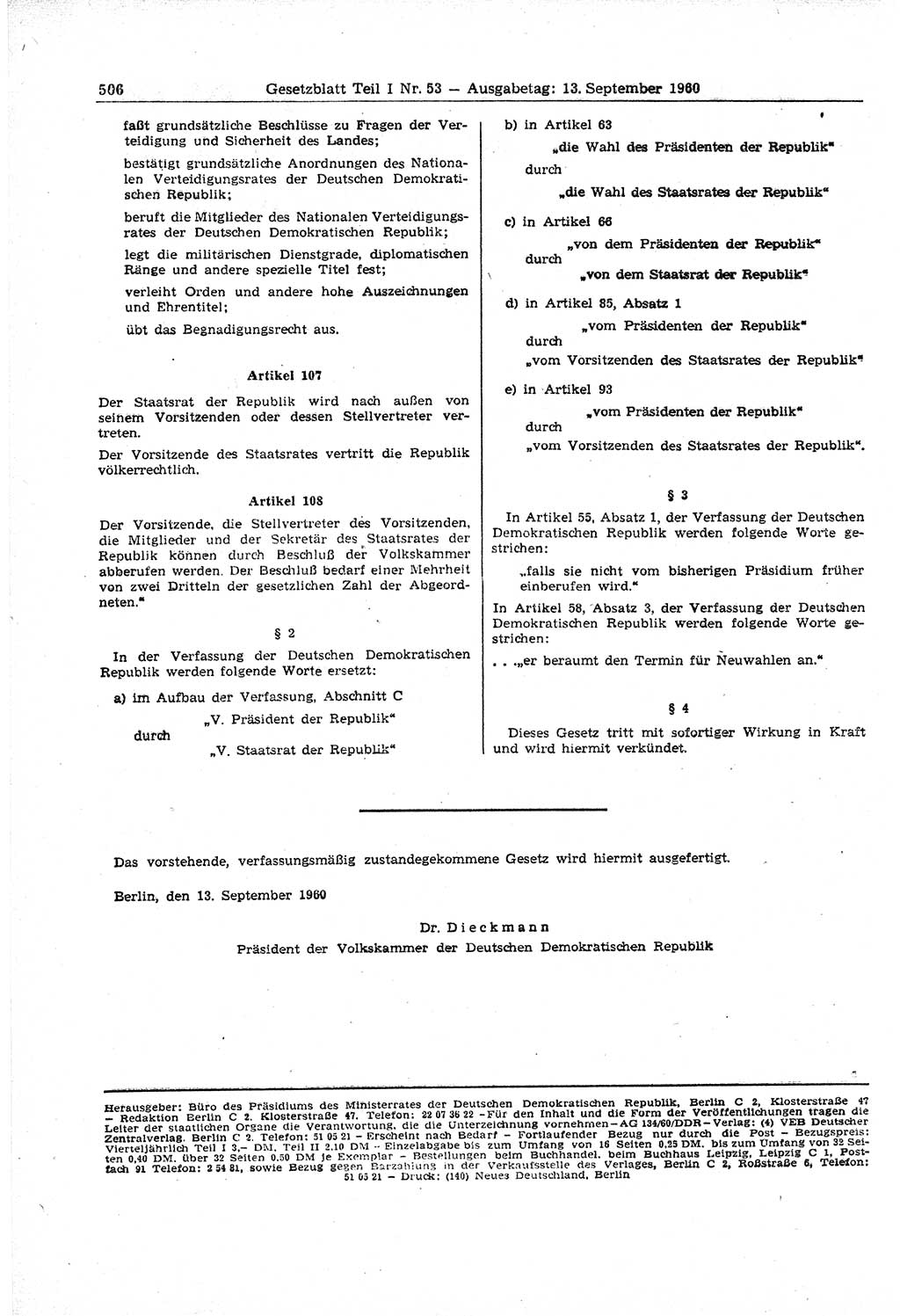 Gesetzblatt (GBl.) der Deutschen Demokratischen Republik (DDR) Teil Ⅰ 1960, Seite 506 (GBl. DDR Ⅰ 1960, S. 506)