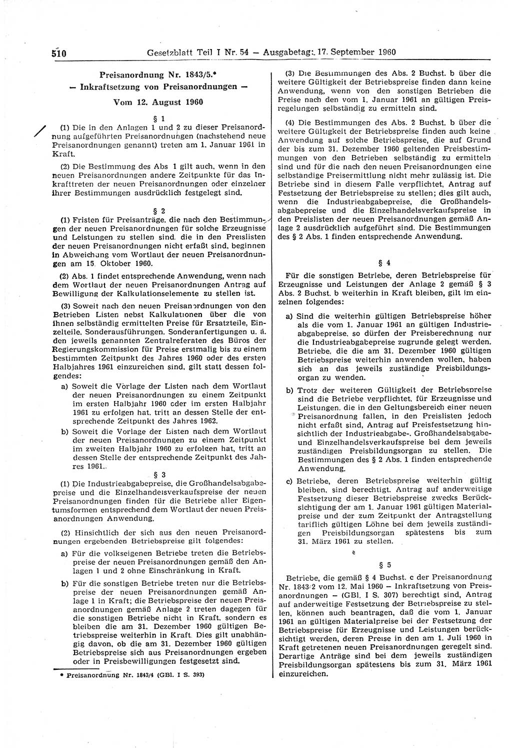 Gesetzblatt (GBl.) der Deutschen Demokratischen Republik (DDR) Teil Ⅰ 1960, Seite 510 (GBl. DDR Ⅰ 1960, S. 510)
