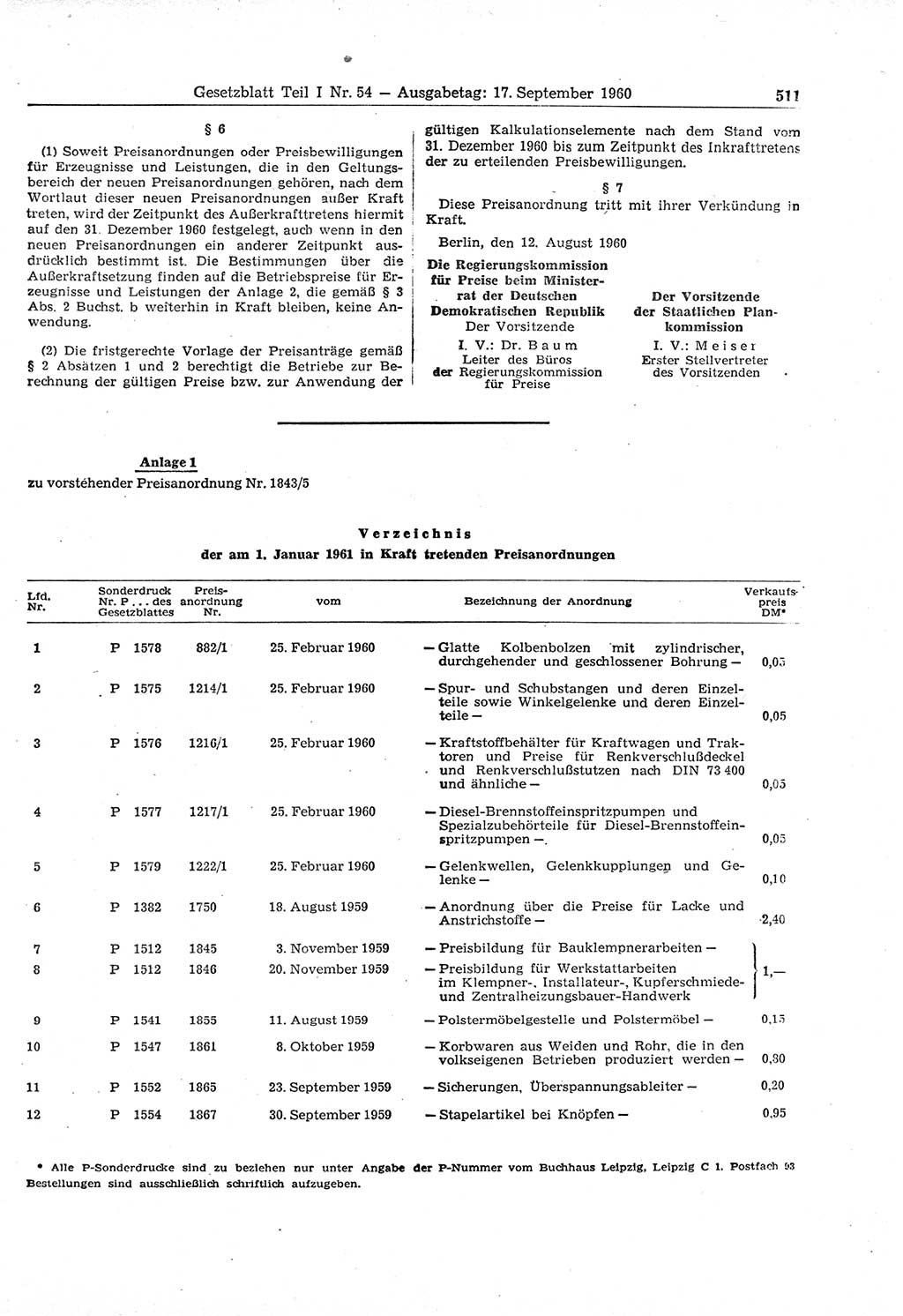 Gesetzblatt (GBl.) der Deutschen Demokratischen Republik (DDR) Teil Ⅰ 1960, Seite 511 (GBl. DDR Ⅰ 1960, S. 511)