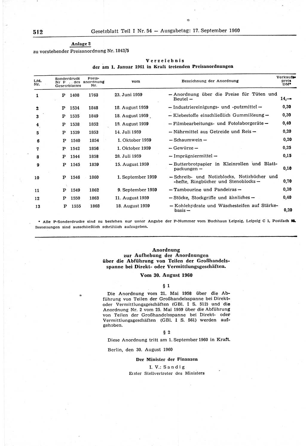 Gesetzblatt (GBl.) der Deutschen Demokratischen Republik (DDR) Teil Ⅰ 1960, Seite 512 (GBl. DDR Ⅰ 1960, S. 512)