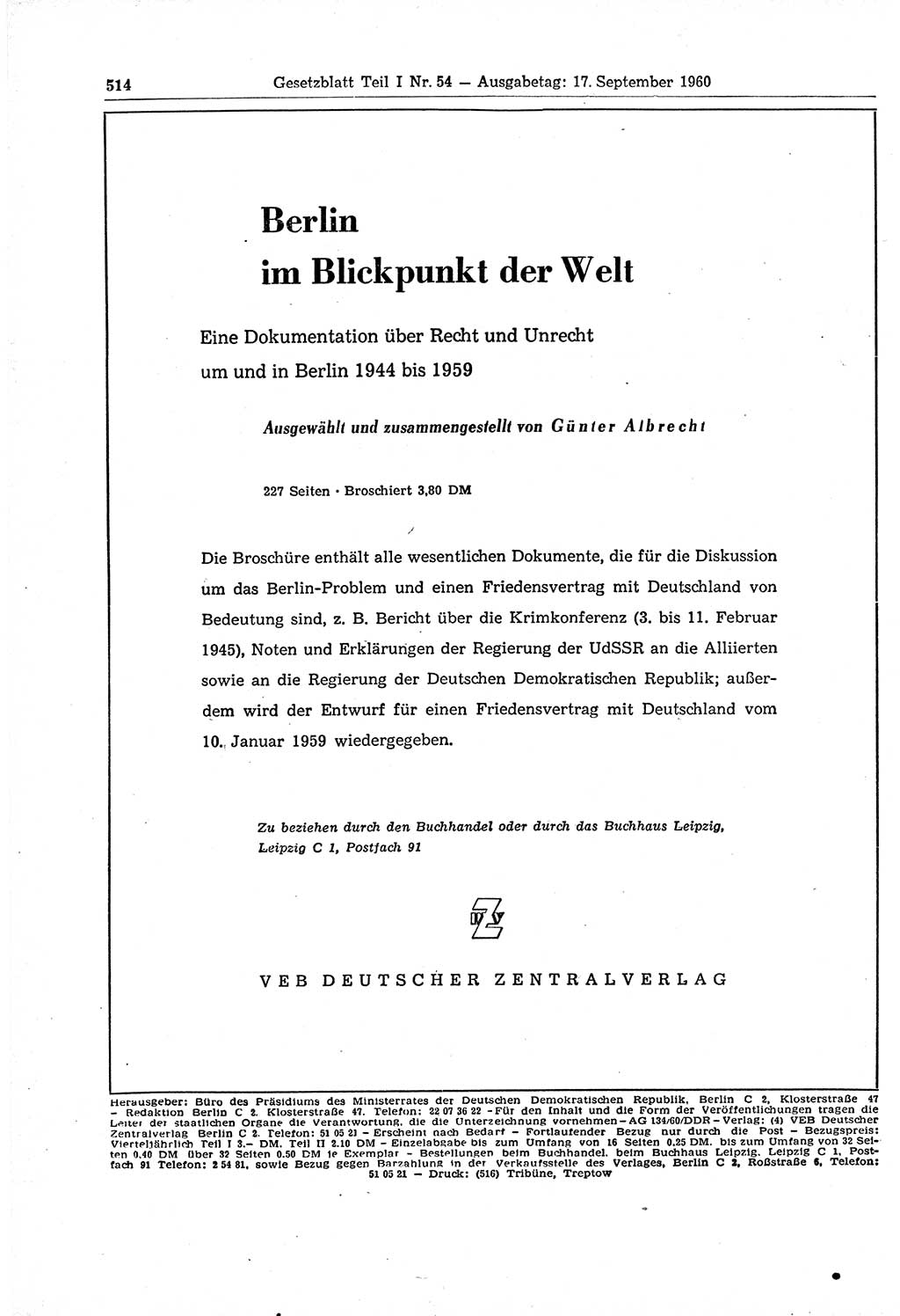 Gesetzblatt (GBl.) der Deutschen Demokratischen Republik (DDR) Teil Ⅰ 1960, Seite 514 (GBl. DDR Ⅰ 1960, S. 514)