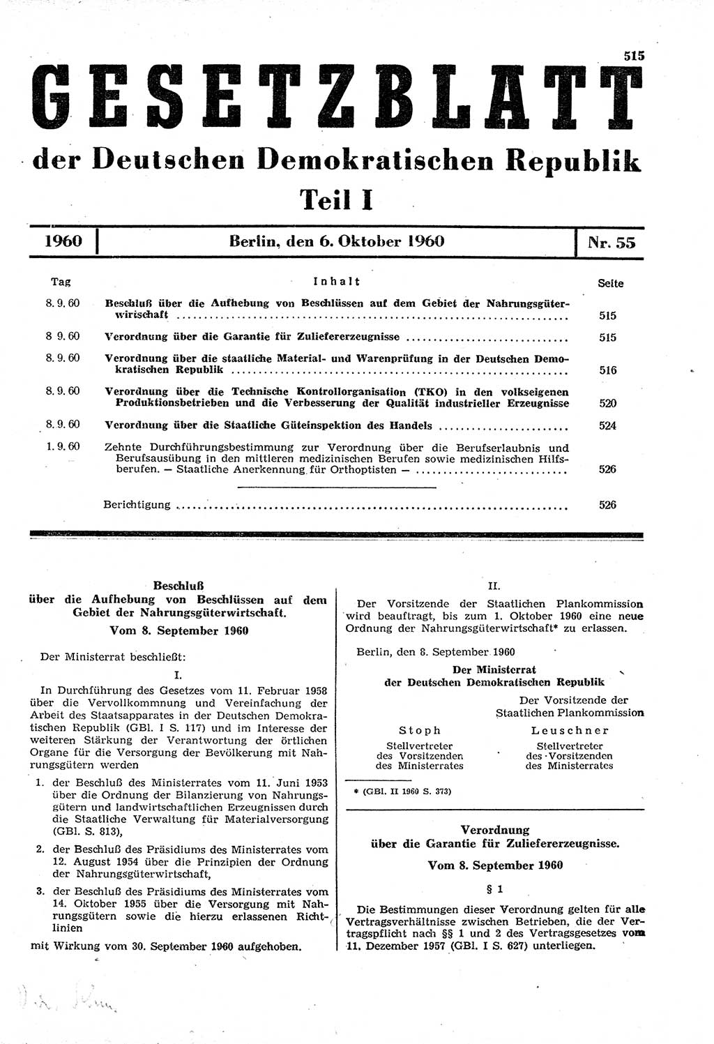 Gesetzblatt (GBl.) der Deutschen Demokratischen Republik (DDR) Teil Ⅰ 1960, Seite 515 (GBl. DDR Ⅰ 1960, S. 515)