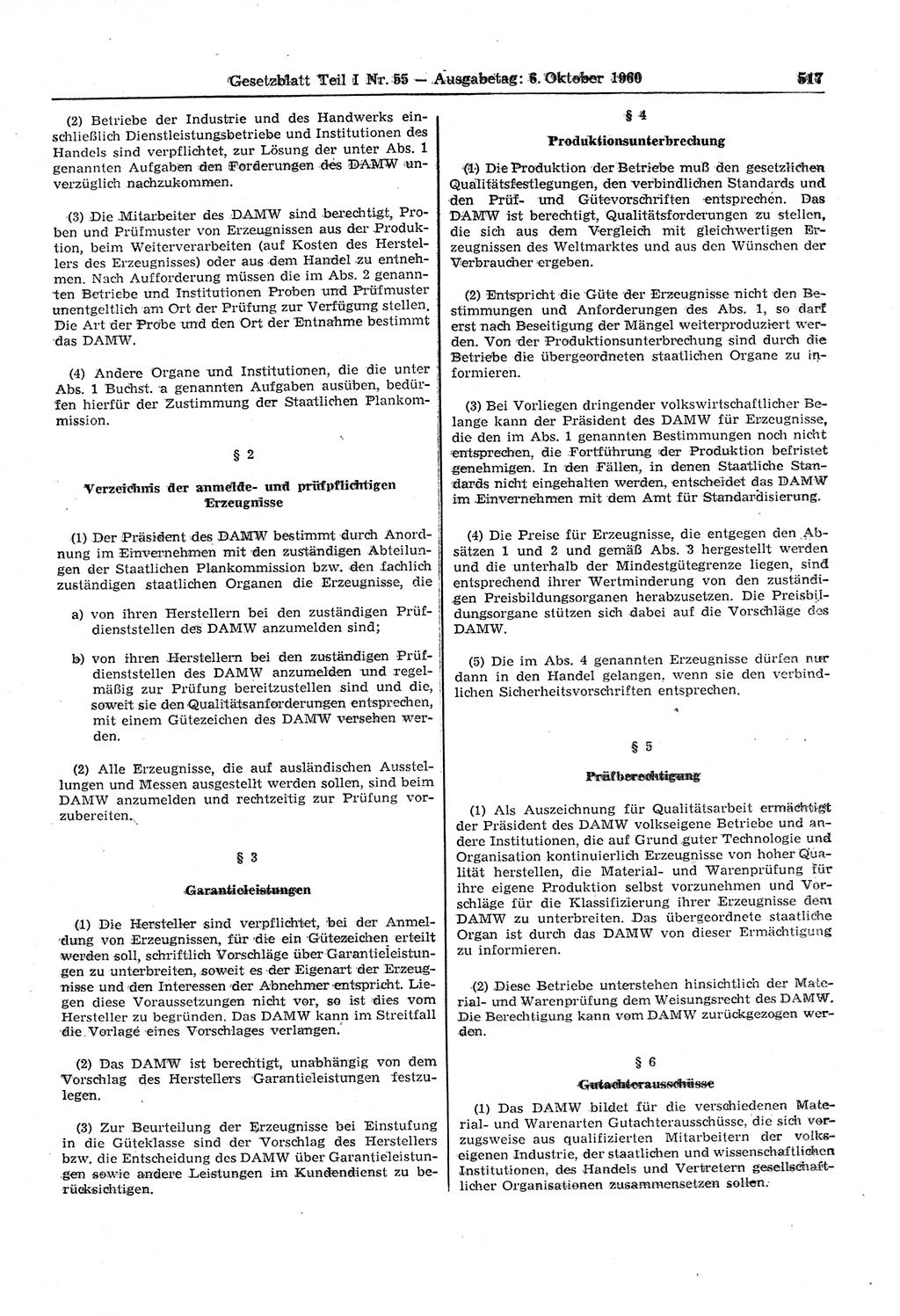 Gesetzblatt (GBl.) der Deutschen Demokratischen Republik (DDR) Teil Ⅰ 1960, Seite 517 (GBl. DDR Ⅰ 1960, S. 517)