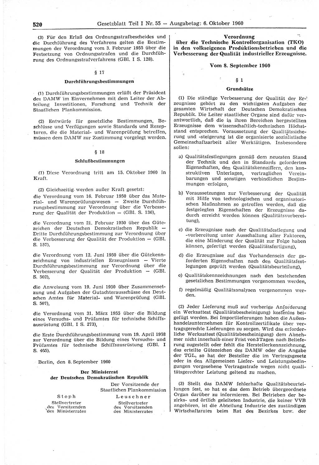 Gesetzblatt (GBl.) der Deutschen Demokratischen Republik (DDR) Teil Ⅰ 1960, Seite 520 (GBl. DDR Ⅰ 1960, S. 520)