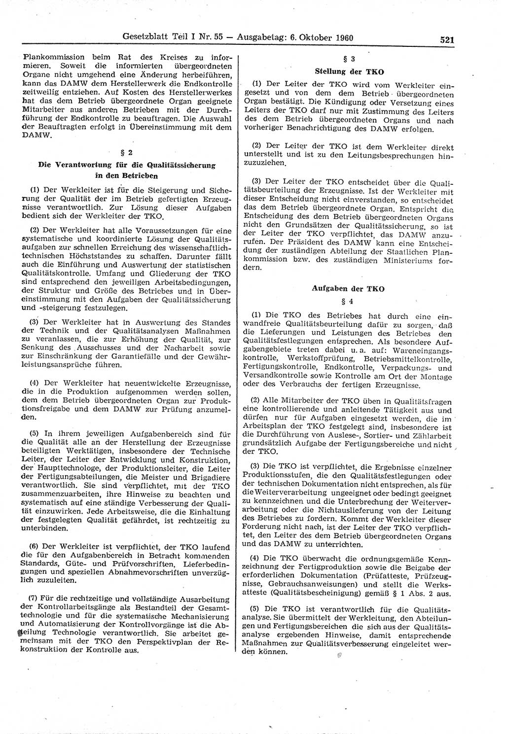 Gesetzblatt (GBl.) der Deutschen Demokratischen Republik (DDR) Teil Ⅰ 1960, Seite 521 (GBl. DDR Ⅰ 1960, S. 521)