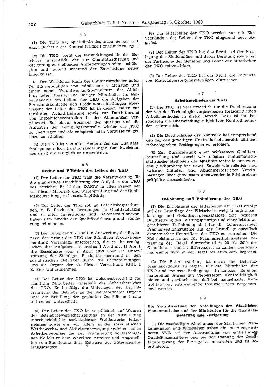Gesetzblatt (GBl.) der Deutschen Demokratischen Republik (DDR) Teil Ⅰ 1960, Seite 522 (GBl. DDR Ⅰ 1960, S. 522)