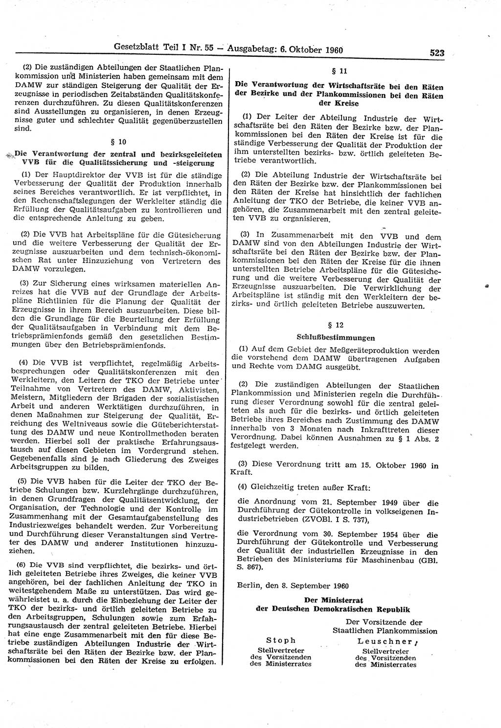 Gesetzblatt (GBl.) der Deutschen Demokratischen Republik (DDR) Teil Ⅰ 1960, Seite 523 (GBl. DDR Ⅰ 1960, S. 523)