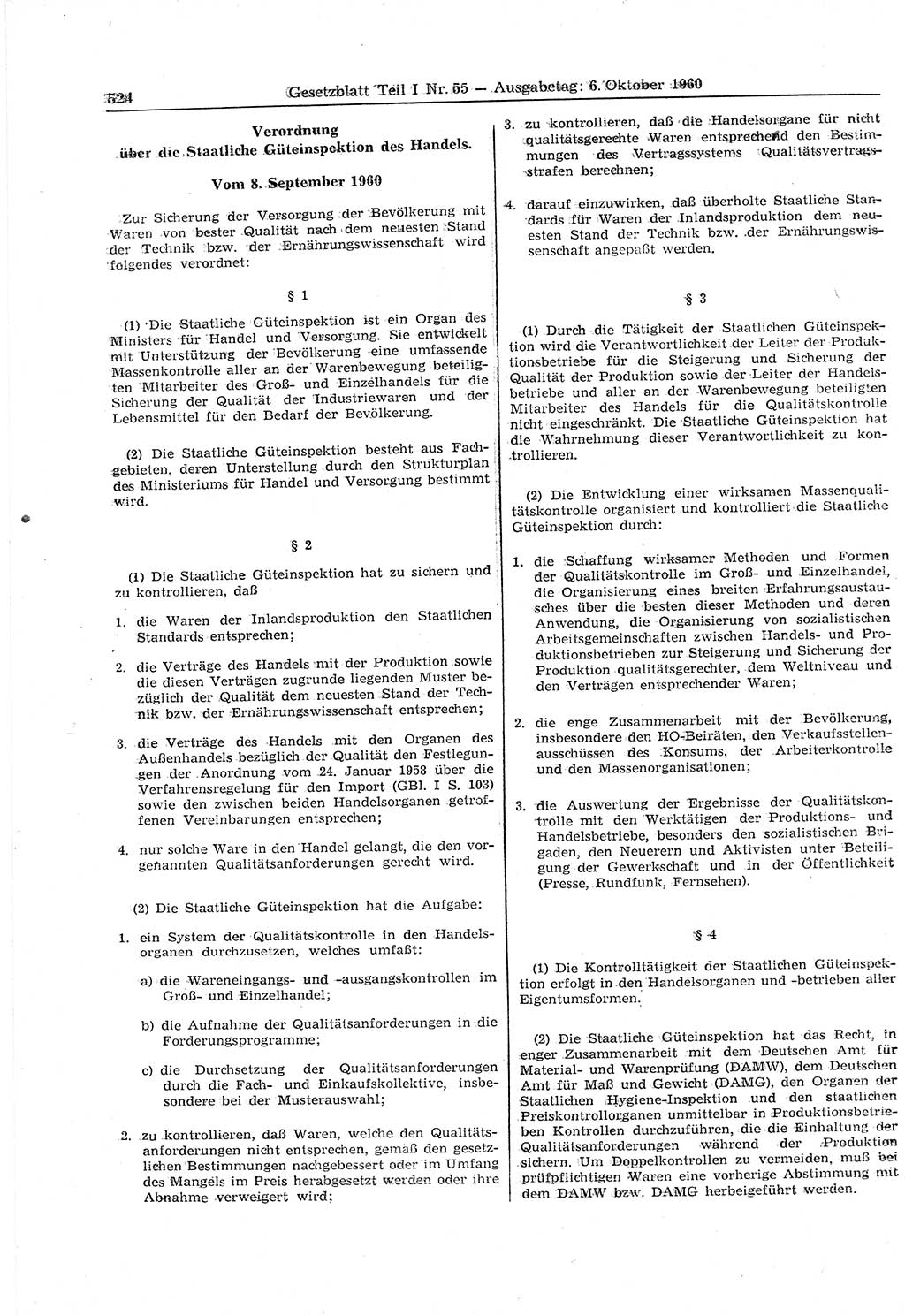 Gesetzblatt (GBl.) der Deutschen Demokratischen Republik (DDR) Teil Ⅰ 1960, Seite 524 (GBl. DDR Ⅰ 1960, S. 524)