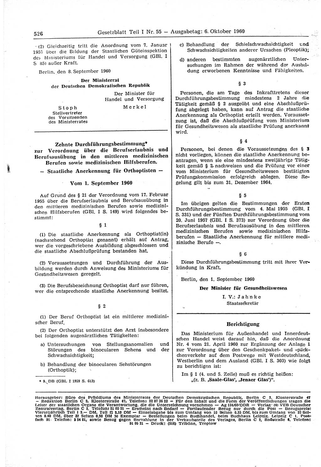 Gesetzblatt (GBl.) der Deutschen Demokratischen Republik (DDR) Teil Ⅰ 1960, Seite 526 (GBl. DDR Ⅰ 1960, S. 526)