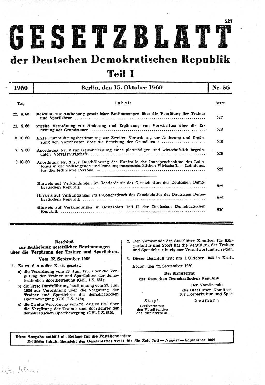 Gesetzblatt (GBl.) der Deutschen Demokratischen Republik (DDR) Teil Ⅰ 1960, Seite 527 (GBl. DDR Ⅰ 1960, S. 527)