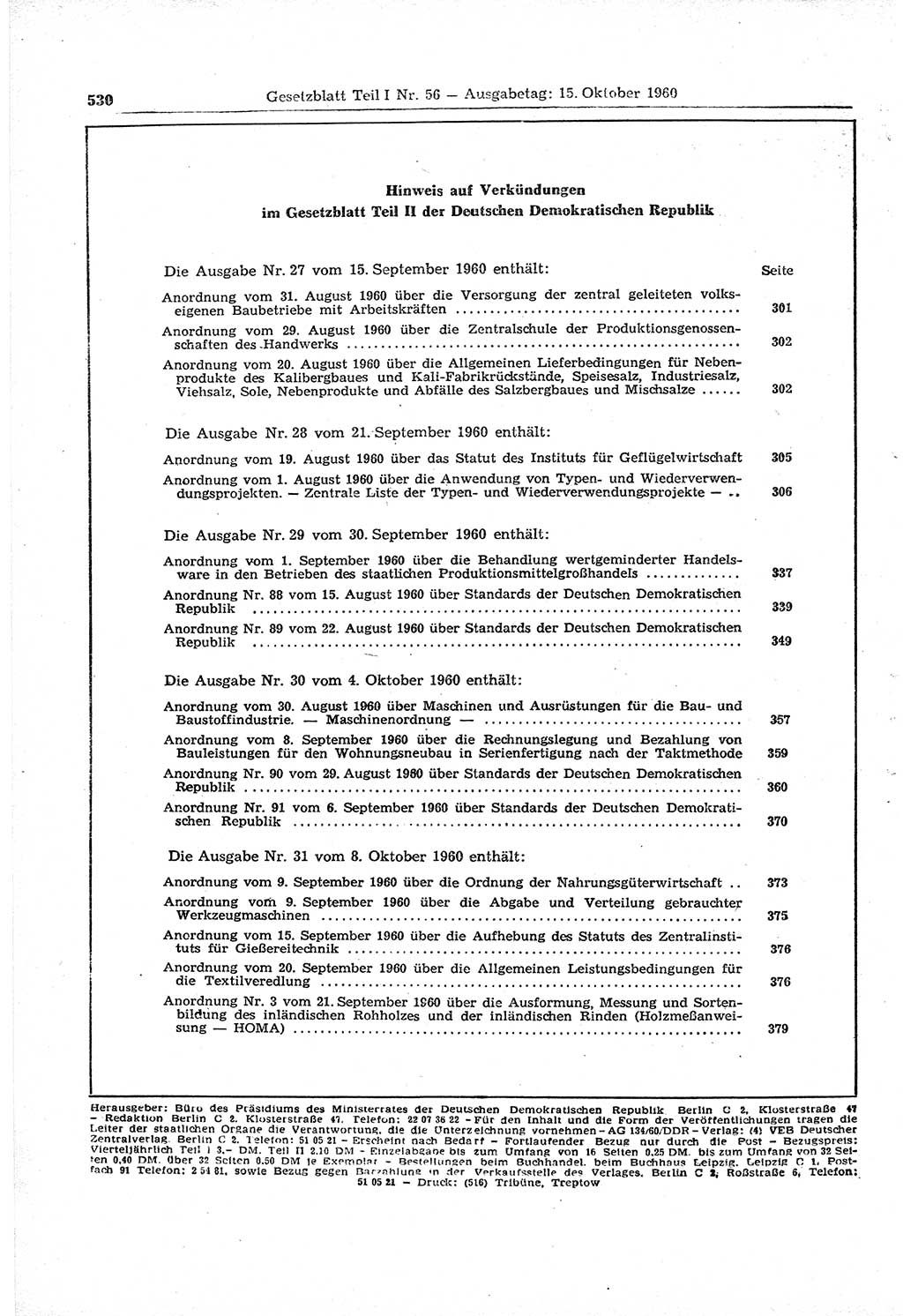 Gesetzblatt (GBl.) der Deutschen Demokratischen Republik (DDR) Teil Ⅰ 1960, Seite 530 (GBl. DDR Ⅰ 1960, S. 530)