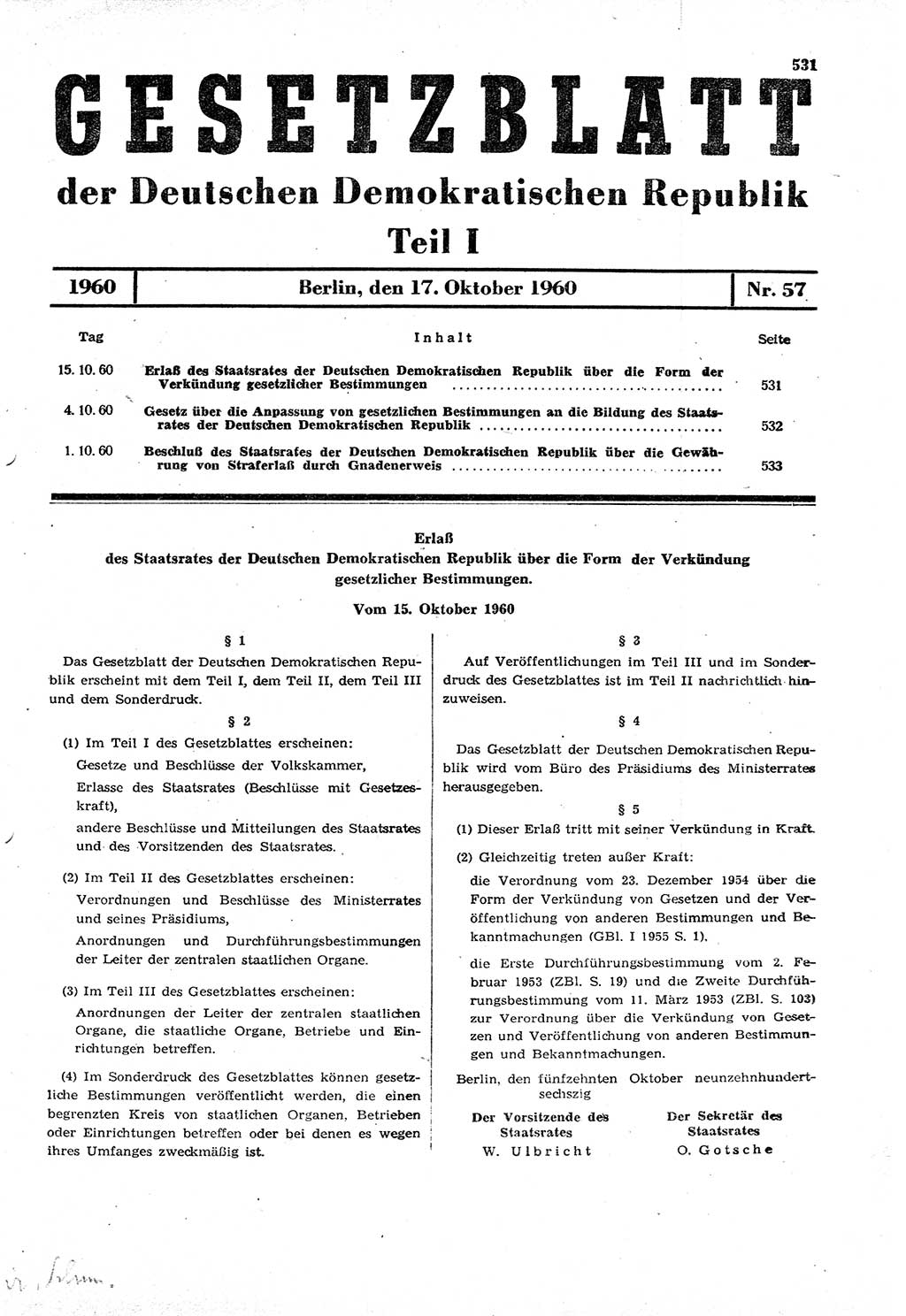 Gesetzblatt (GBl.) der Deutschen Demokratischen Republik (DDR) Teil Ⅰ 1960, Seite 531 (GBl. DDR Ⅰ 1960, S. 531)