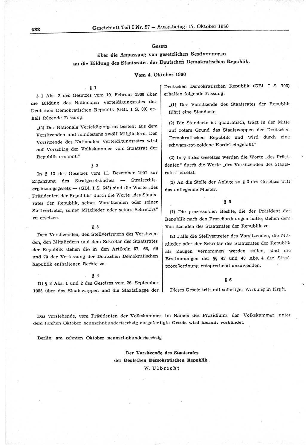 Gesetzblatt (GBl.) der Deutschen Demokratischen Republik (DDR) Teil Ⅰ 1960, Seite 532 (GBl. DDR Ⅰ 1960, S. 532)