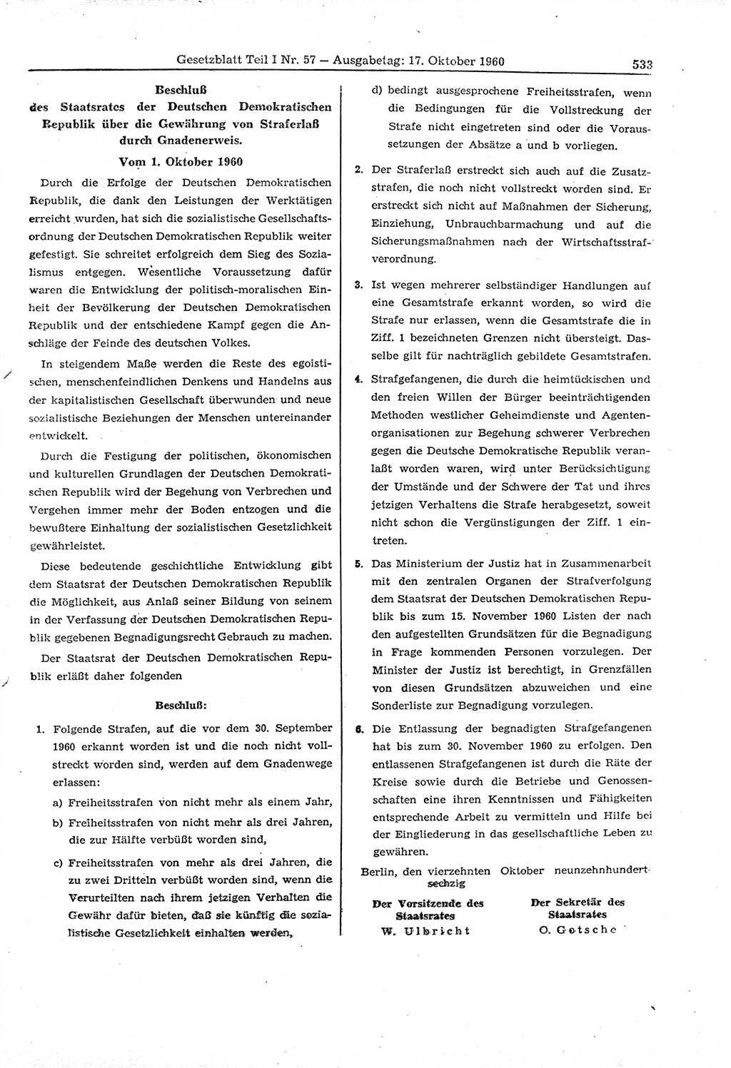 Gesetzblatt (GBl.) der Deutschen Demokratischen Republik (DDR) Teil Ⅰ 1960, Seite 533 (GBl. DDR Ⅰ 1960, S. 533)