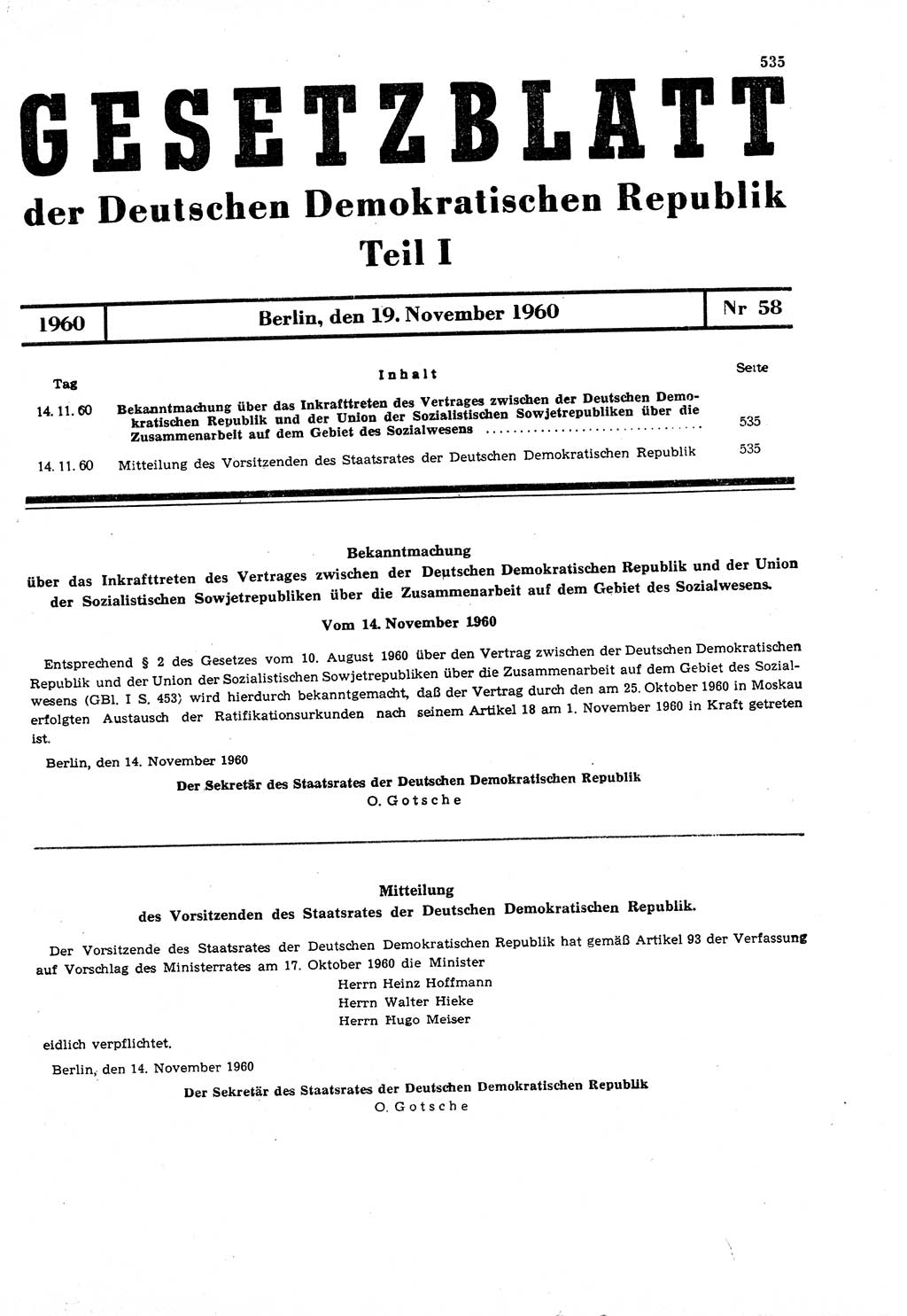 Gesetzblatt (GBl.) der Deutschen Demokratischen Republik (DDR) Teil Ⅰ 1960, Seite 535 (GBl. DDR Ⅰ 1960, S. 535)