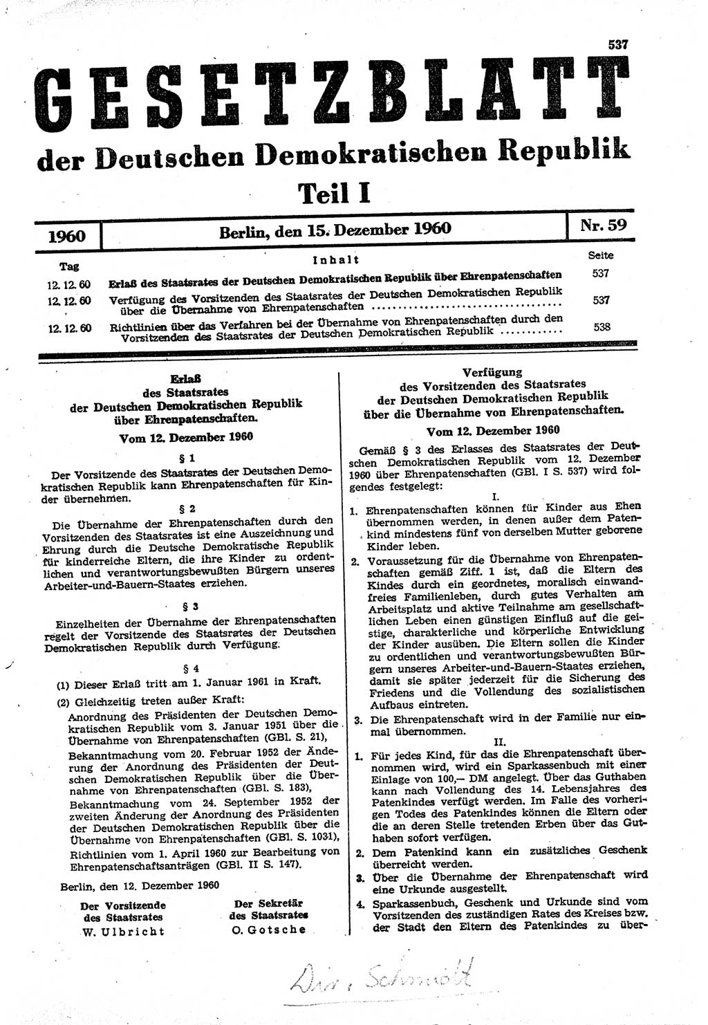 Gesetzblatt (GBl.) der Deutschen Demokratischen Republik (DDR) Teil Ⅰ 1960, Seite 537 (GBl. DDR Ⅰ 1960, S. 537)